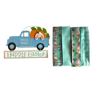 Blue Easter Truck Wreath Making Kit, DIY Spring Sign Gingham Ribbon Bundle Set
